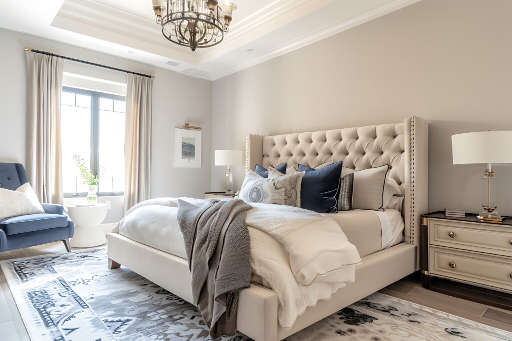 Master Bedroom by Two Sisters Designs using neutral color palette. Best paint colors for a bedroom, Sugar Land.