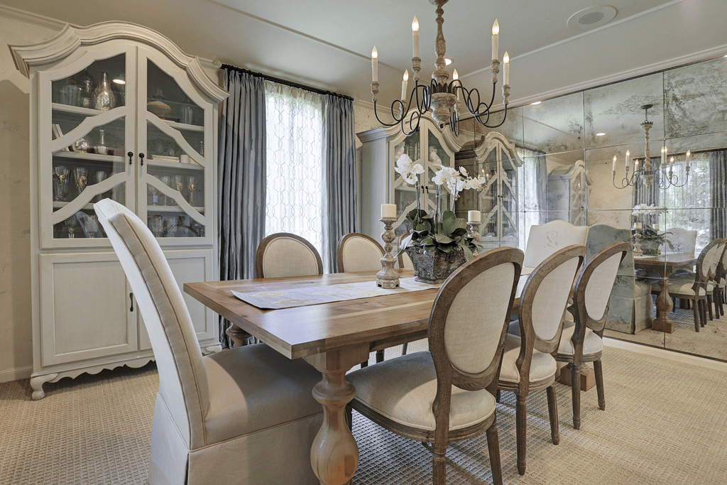 Dining room with a mix of traditional and modern style design.