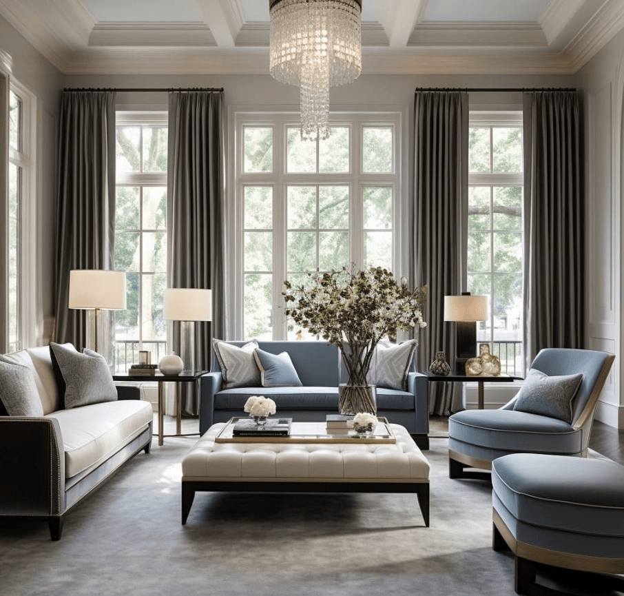 Living room decor that mix modern and traditional style furniture and design.