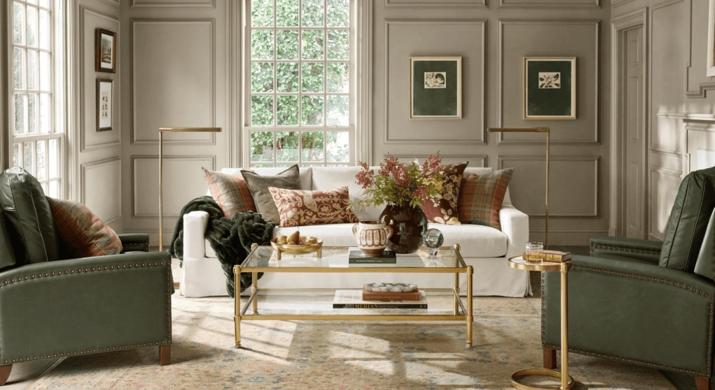 Family room furniture with a layer look of textures and home decor transitional style.
