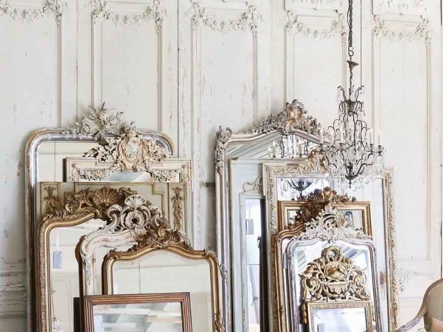 French Home Interiors Elements in Mirrors and Paneling with furniture.