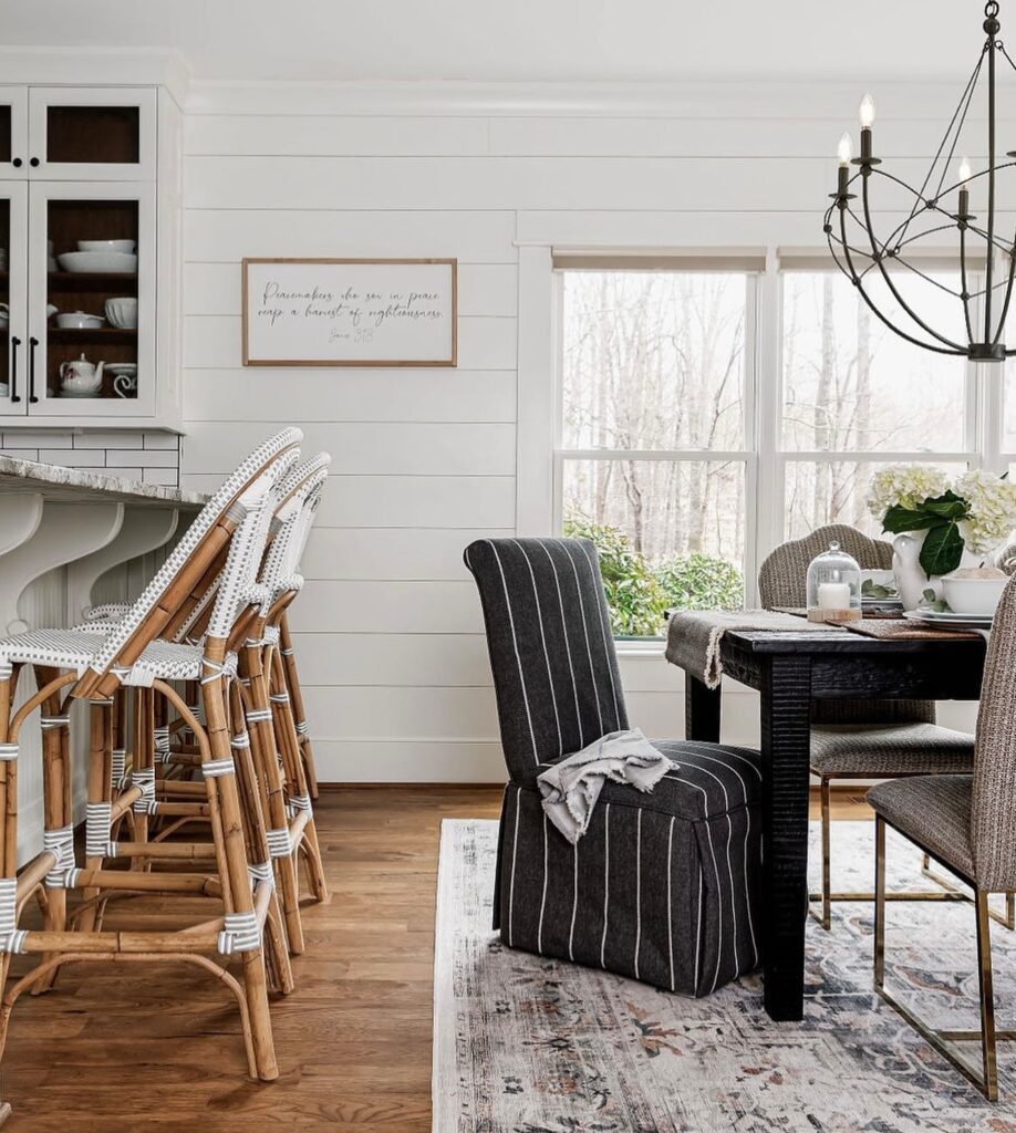 Breakfast and dining area with fabrics on chairs to show revolution fabrics durability.