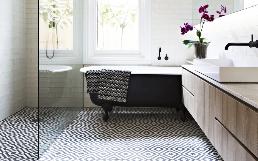 French Home Interiors Master bathroom with a French Style Claw bath in Modern design.