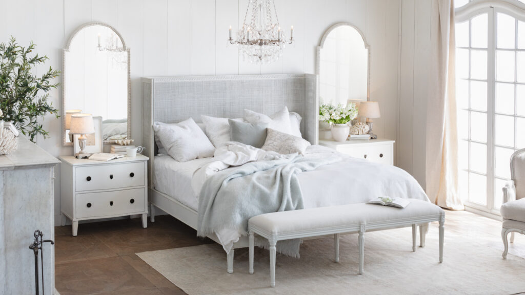 French Home Interiors inspired Master Bedroom in soft color palette.
