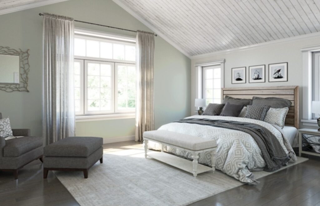 Master Bedroom painted in Sherwin Williams Sea Salt. Best paint colors for bedroom.