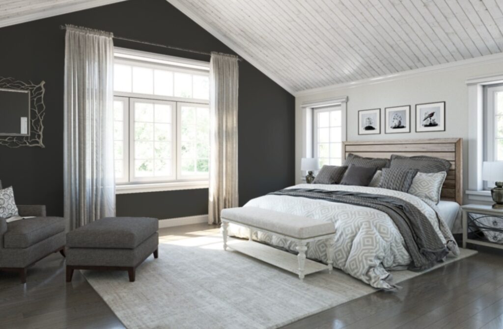 Master Bedroom painted in dark ore color by Sherwin Williams Paint. Best paint colors for a bedroom.