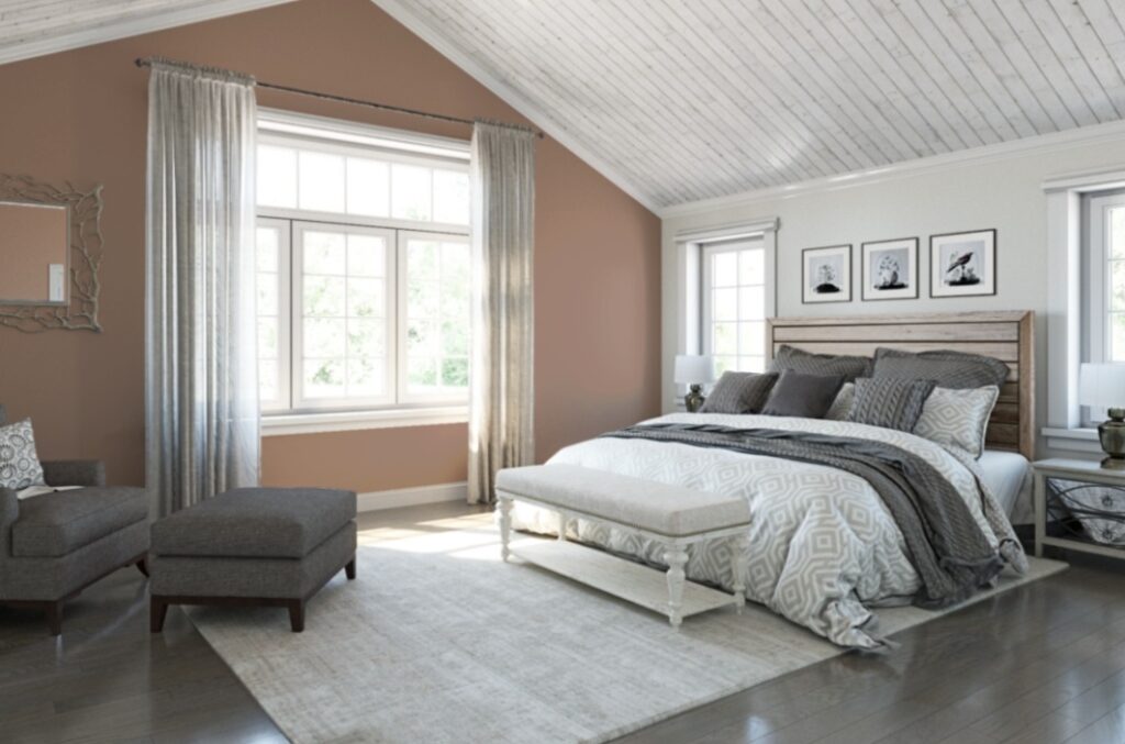 Master Bedroom painted in terracotta color by Sherwin Williams Paint. Best paint colors for a bedroom.