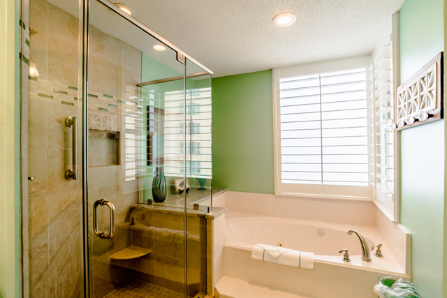 Shutters installed in a bathroom area.
