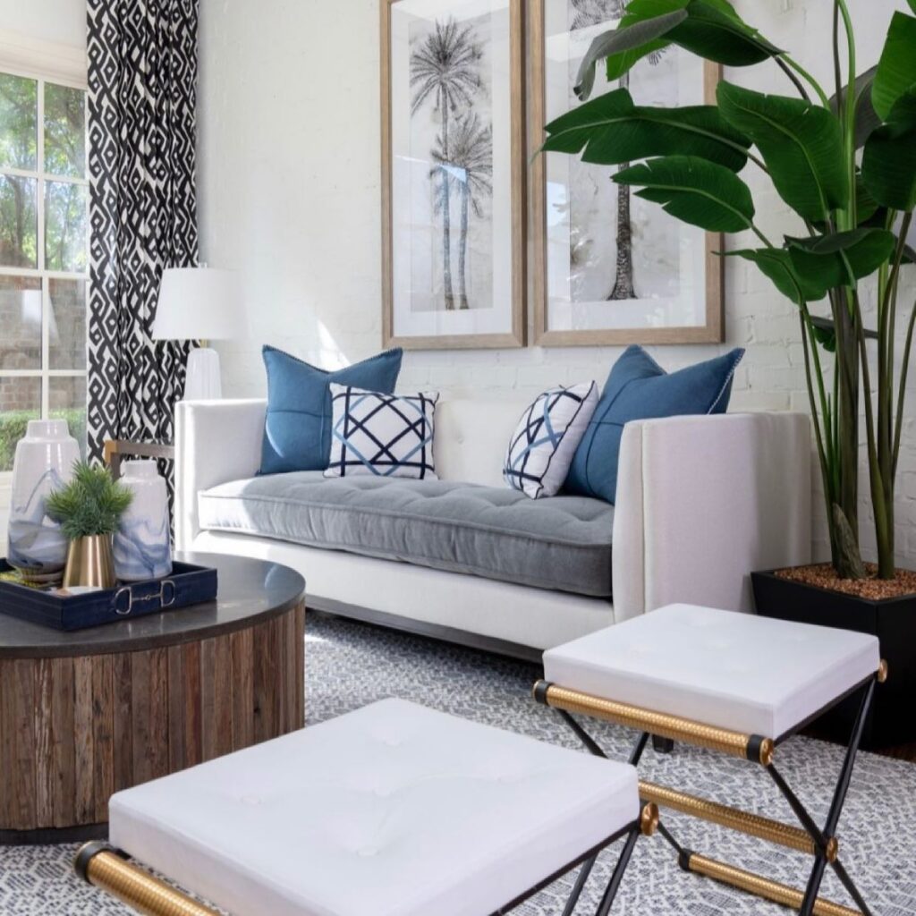 Family room in performance style fabrics with sun shining to show durability of fabrics.