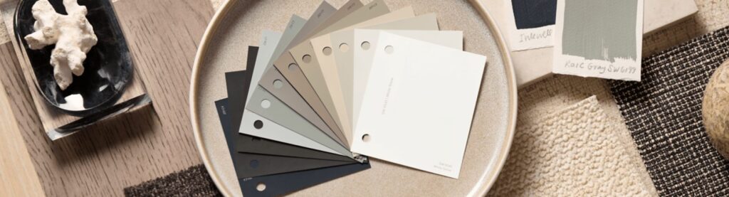 Interior Design sample board of different paint colors and textures for interior design trends Houston 2026.