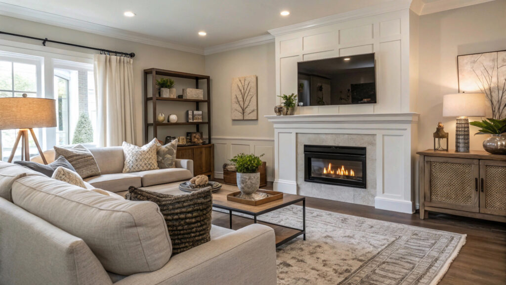 Family Room with transitional style design with fireplace. Interior design trends Houston 2026