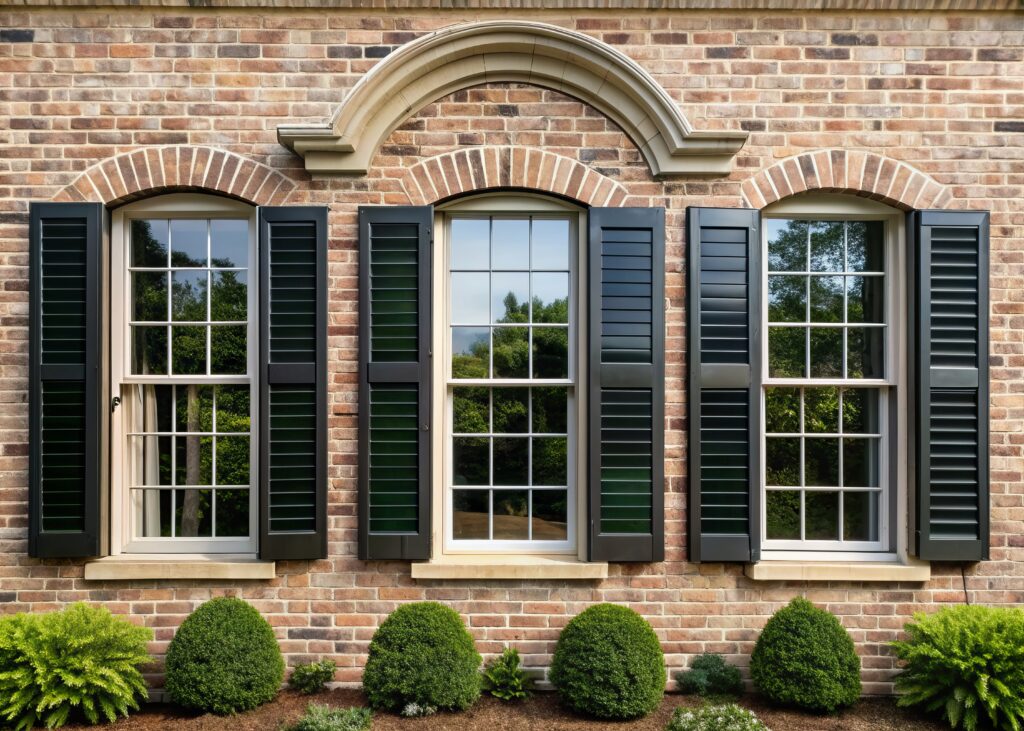 Classic brick home with black louvered exterior shutters framing tall windows, showcasing traditional house shutter style and proper window proportion.