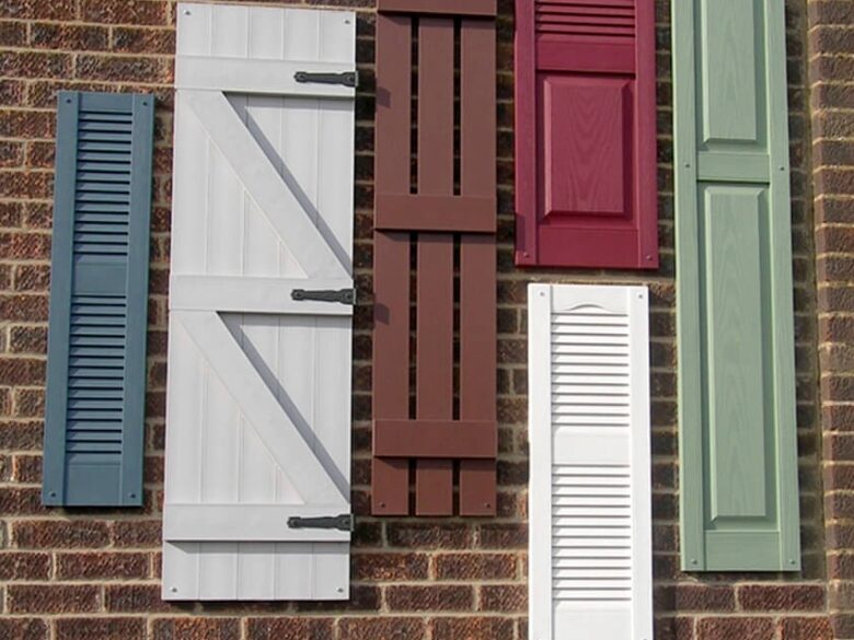 Types of Exterior House shutters. Louvered, Raised Paneled, Board and Batten.