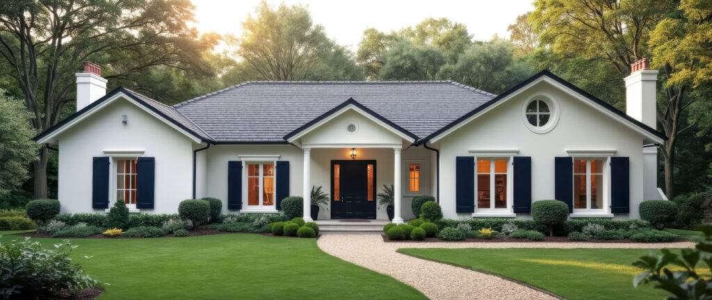 White Houston home with navy blue exterior shutters, symmetrical windows, and manicured landscaping designed by Two Sisters Designs.