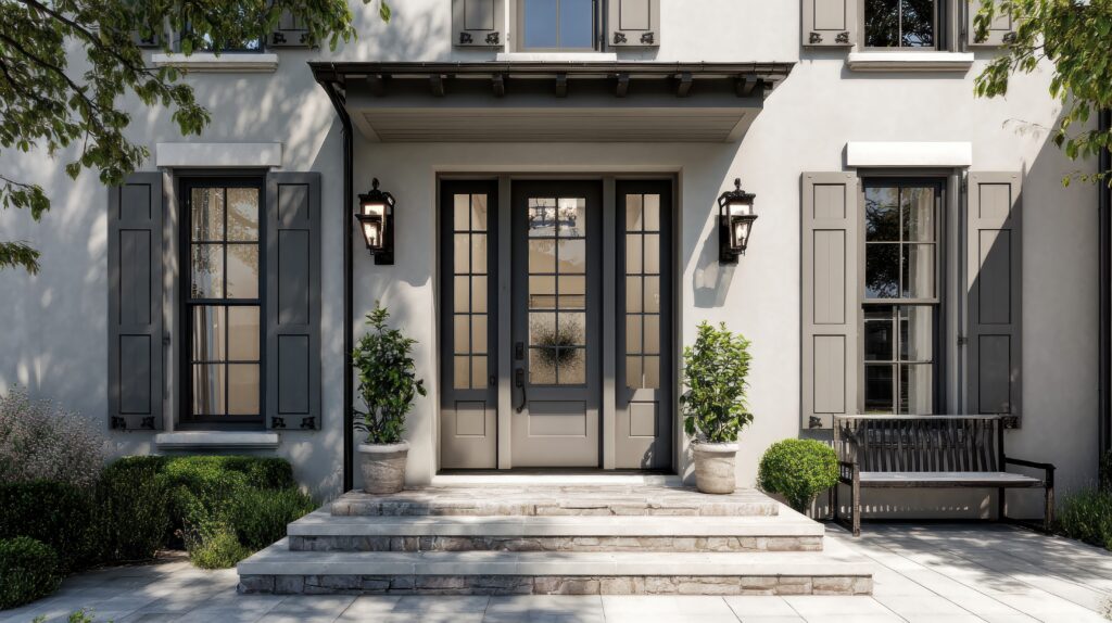 Houston home exterior with modern paneled shutters flanking tall windows, neutral stucco facade, and classic entryway design.