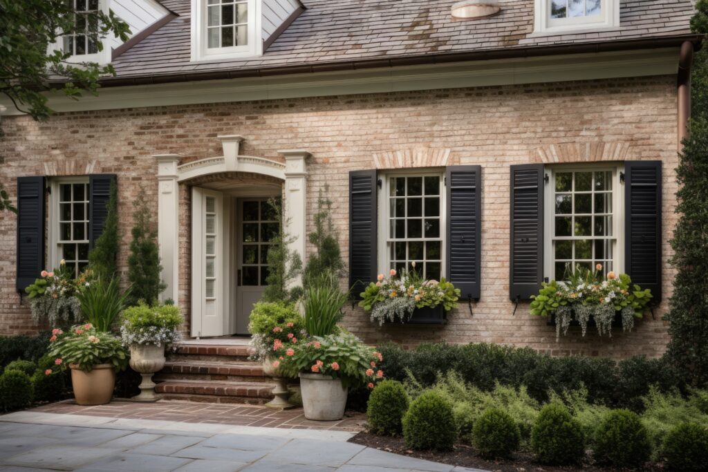 Houston brick home with black exterior shutters, arched entry, and landscaped front garden showcasing classic house shutter style and proper window proportion.