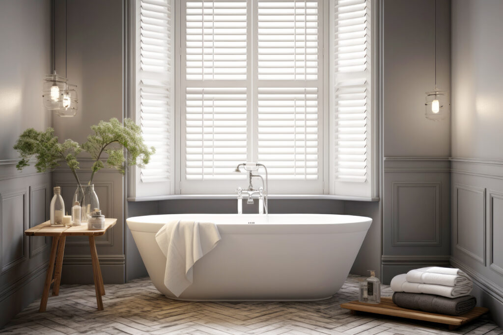 Sugar Land master bathroom featuring white interior shutters, freestanding soaking tub, and classic transitional design.