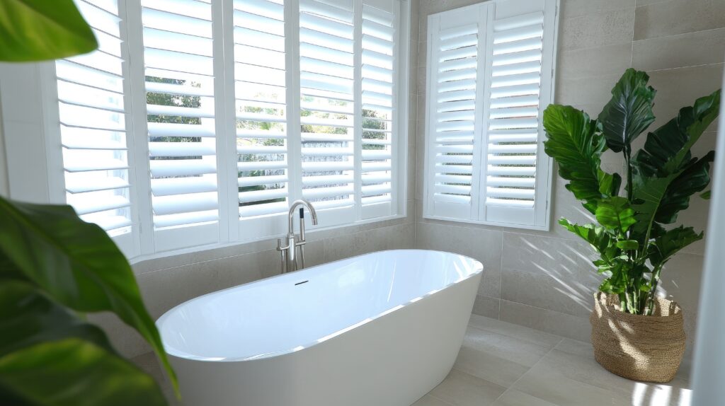 Houston master bathroom with white plantation shutters, freestanding soaking tub, neutral tile walls, and natural greenery styled by Two Sisters Designs.