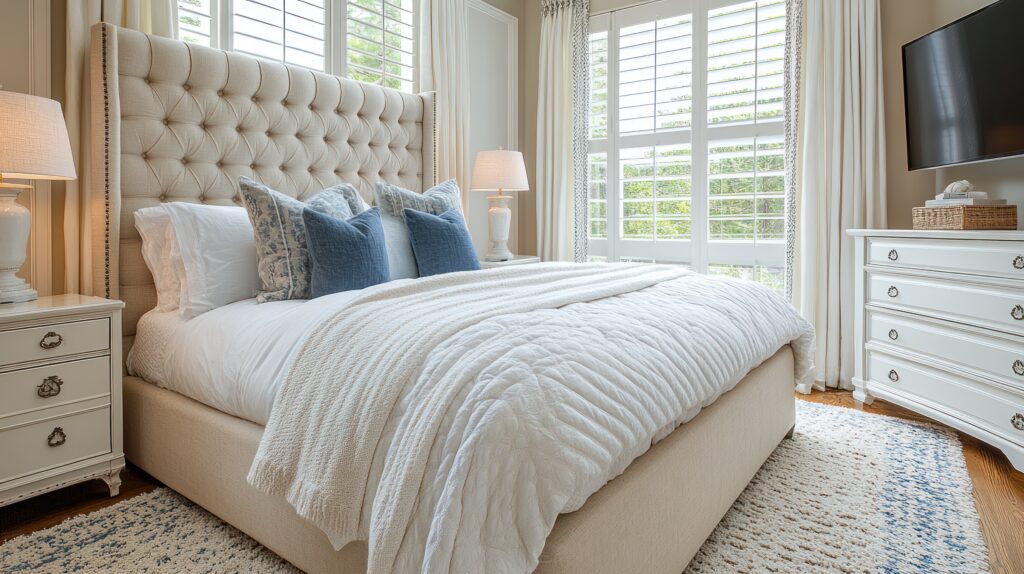 Sugar Land master bedroom featuring custom interior shutters, neutral layered bedding, and soft natural light.