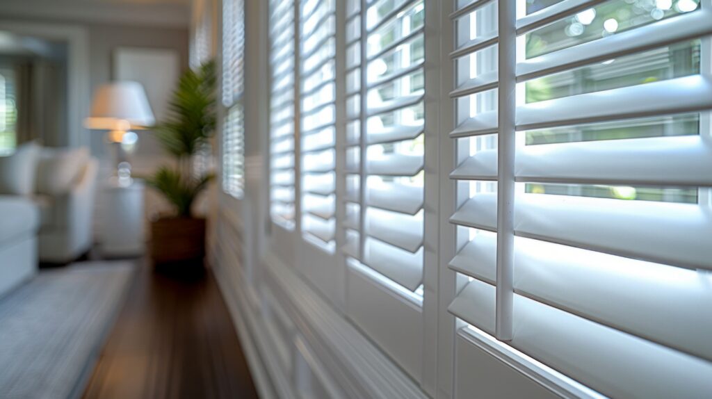Wood Shutters Detail in Family Room Houston.
