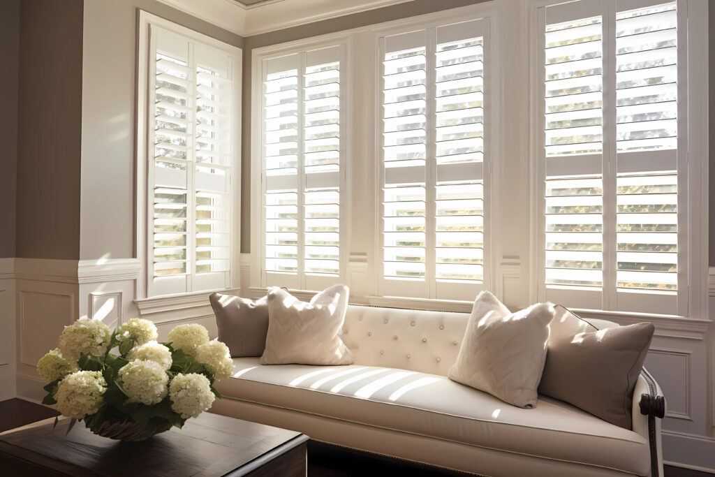 Custom white plantation shutters in a Houston living room, showing light control, durability, and a clean architectural look.
