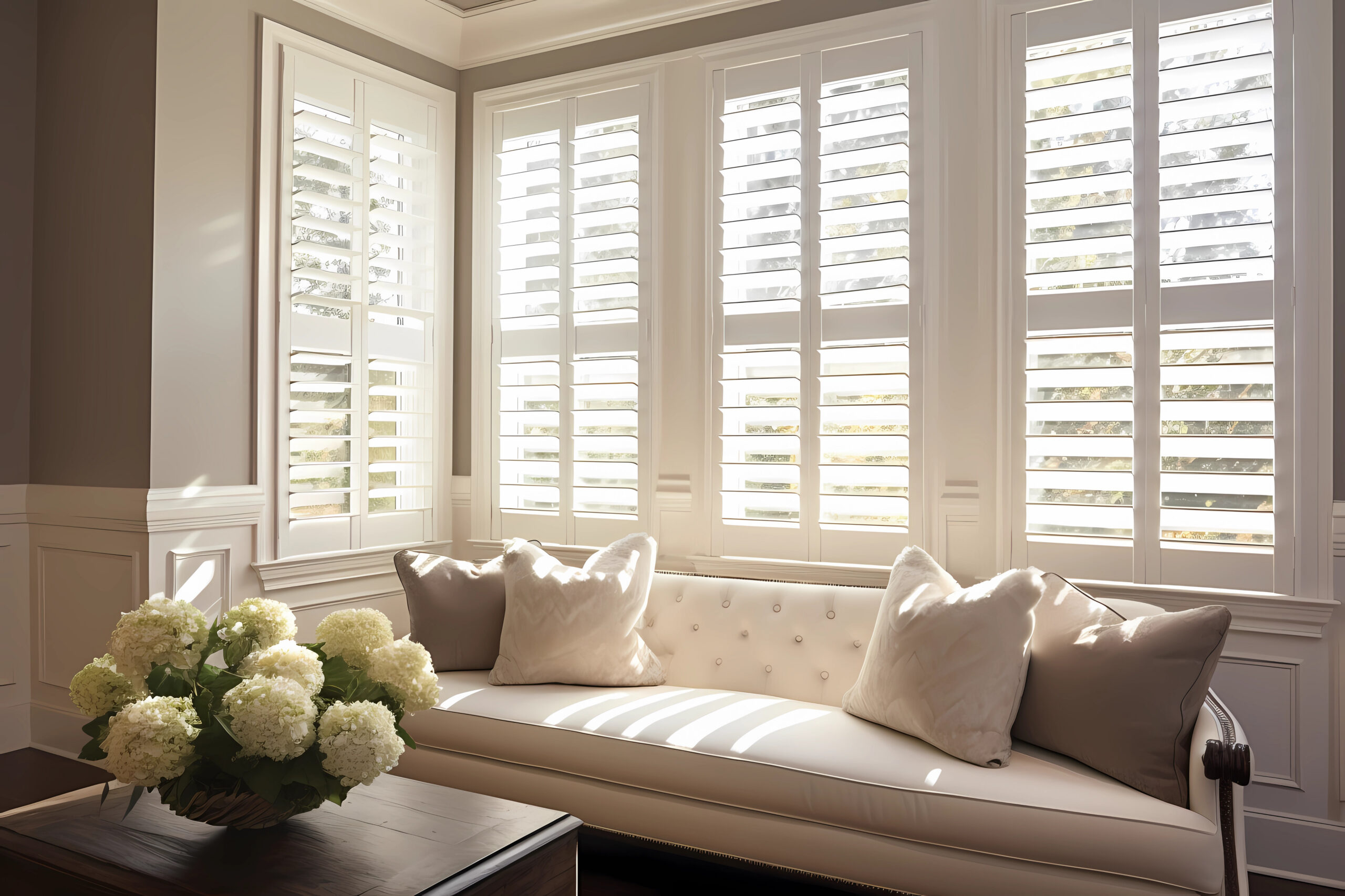 Traditional Wood shutters in Living Room in Houston. Two Sisters Designs.