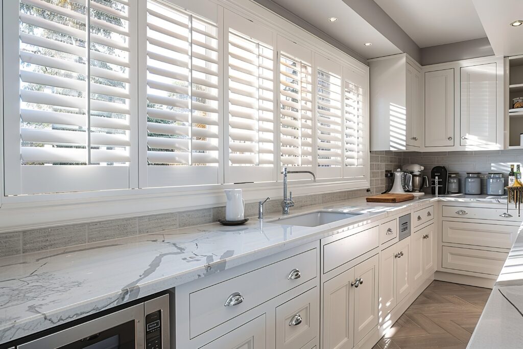 Custom white plantation shutters in a Sugar Land kitchen, providing light control and a clean, tailored look
