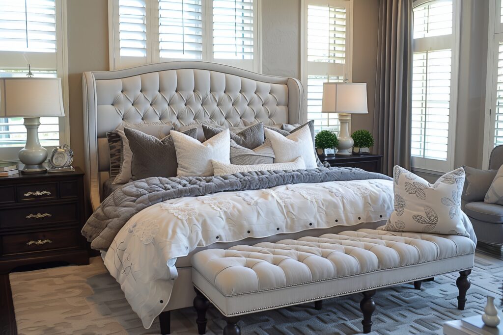 Two Sisters Designs master bedroom in Houston featuring timeless white plantation shutters, tufted upholstered headboard, layered neutral bedding, and custom drapery panels for a classic transitional interior.