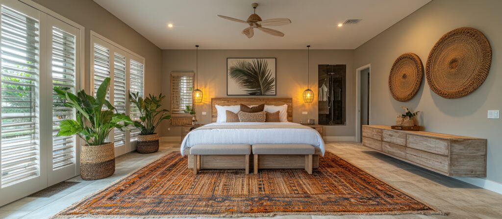 Master bedroom in Houston featuring wood plantation shutters, warm neutral tones, woven wall décor, and a large patterned area rug styled by Two Sisters Designs.
