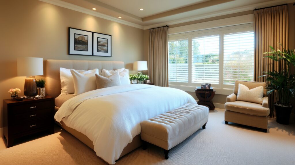 Master bedroom in Sugar Land featuring white plantation shutters with layered drapery panels, designed by Two Sisters Designs in a warm transitional style.